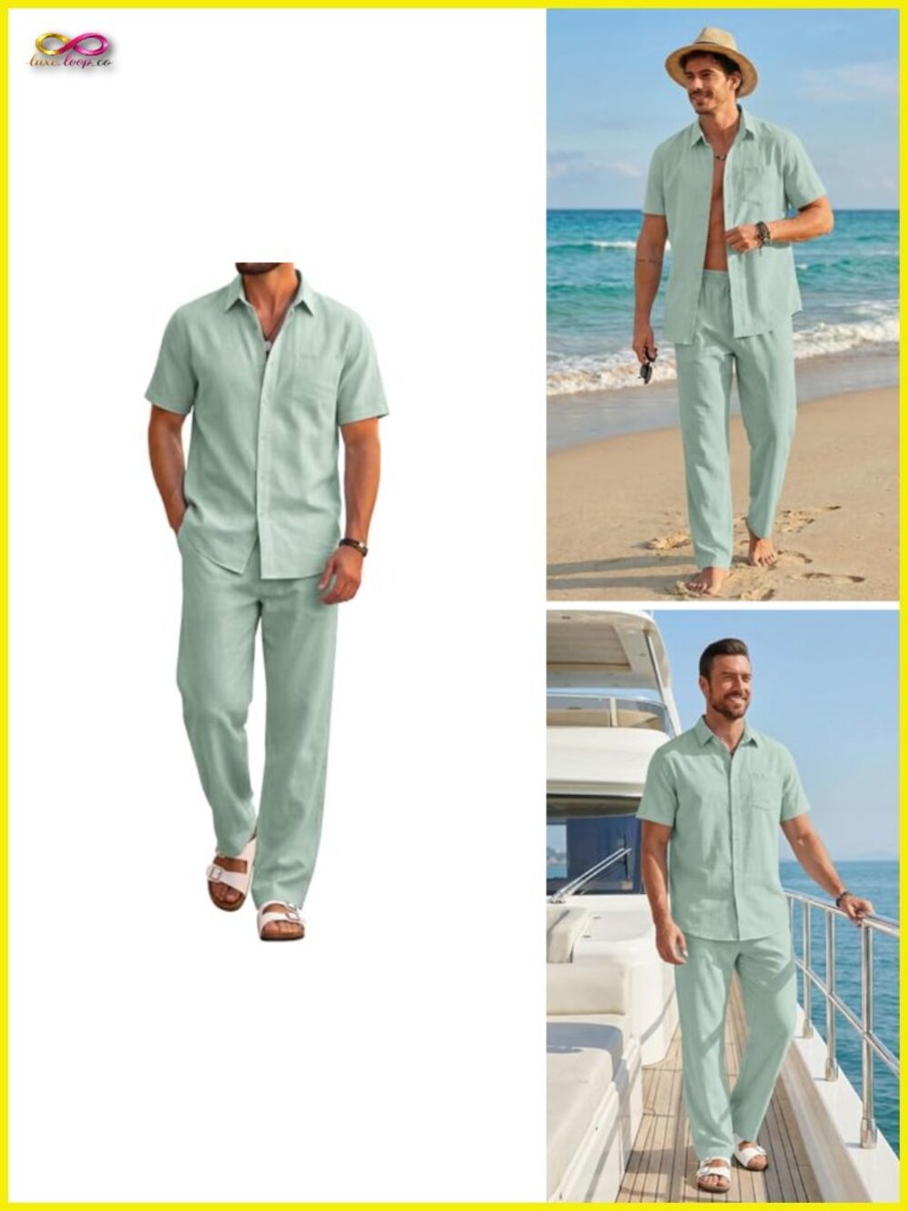 Men's 2 Piece Set Cotton Short Sleeve Button Down Shirt & Loose Pants Summer